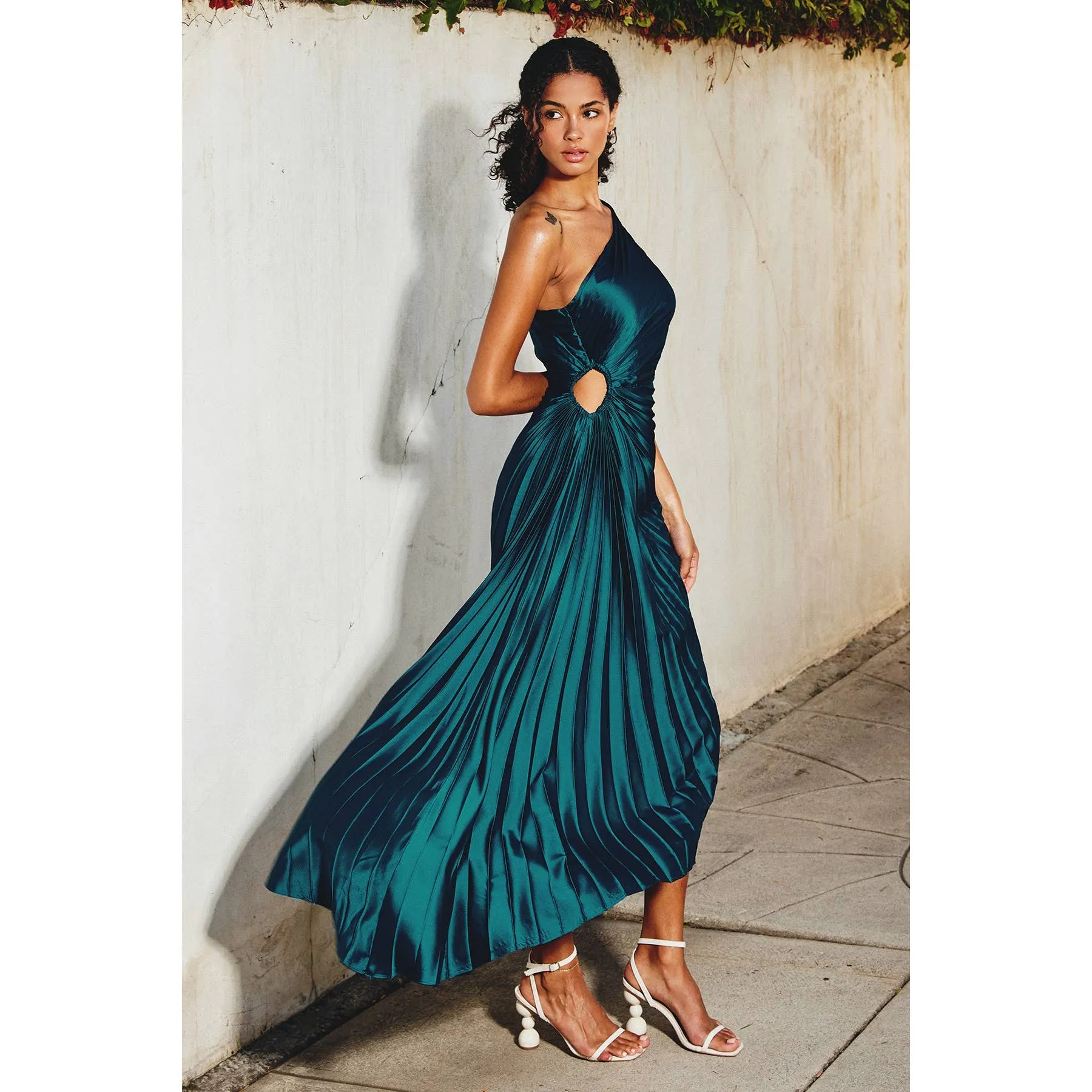 Olympia Asymmetrical Pleated Maxi Dress