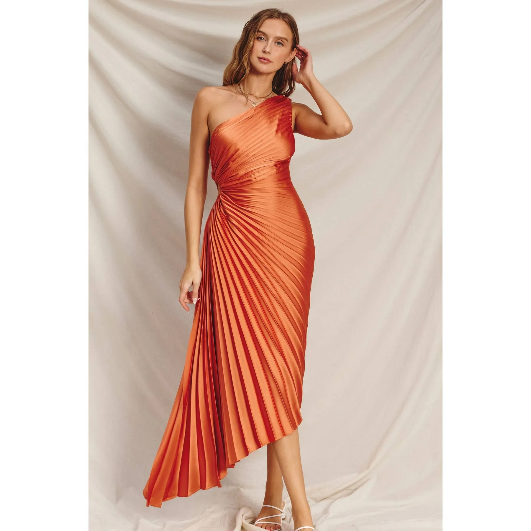 Olympia Asymmetrical Pleated Maxi Dress