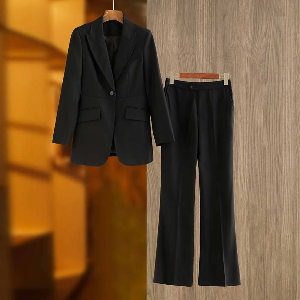 One Button Black Pantsuit Fitted Blazer   Mid-High Rise Trousers Pantsuit Suit Formal Wear