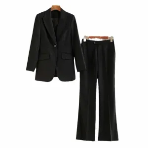 One Button Black Pantsuit Fitted Blazer   Mid-High Rise Trousers Pantsuit Suit Formal Wear