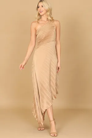 ONE SHOULDER ASSYMETRICAL HEM PLEATED DRESS