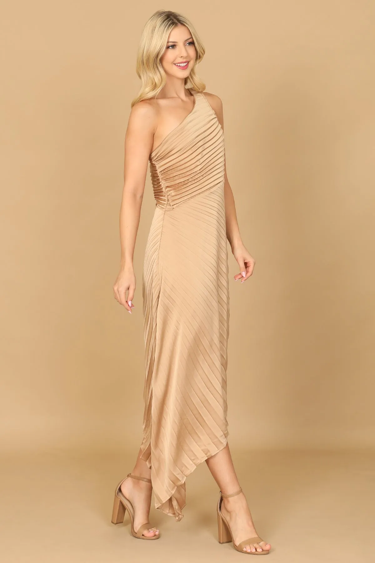ONE SHOULDER ASSYMETRICAL HEM PLEATED DRESS