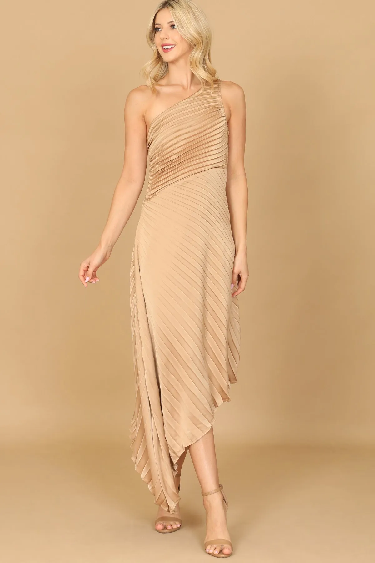ONE SHOULDER ASSYMETRICAL HEM PLEATED DRESS
