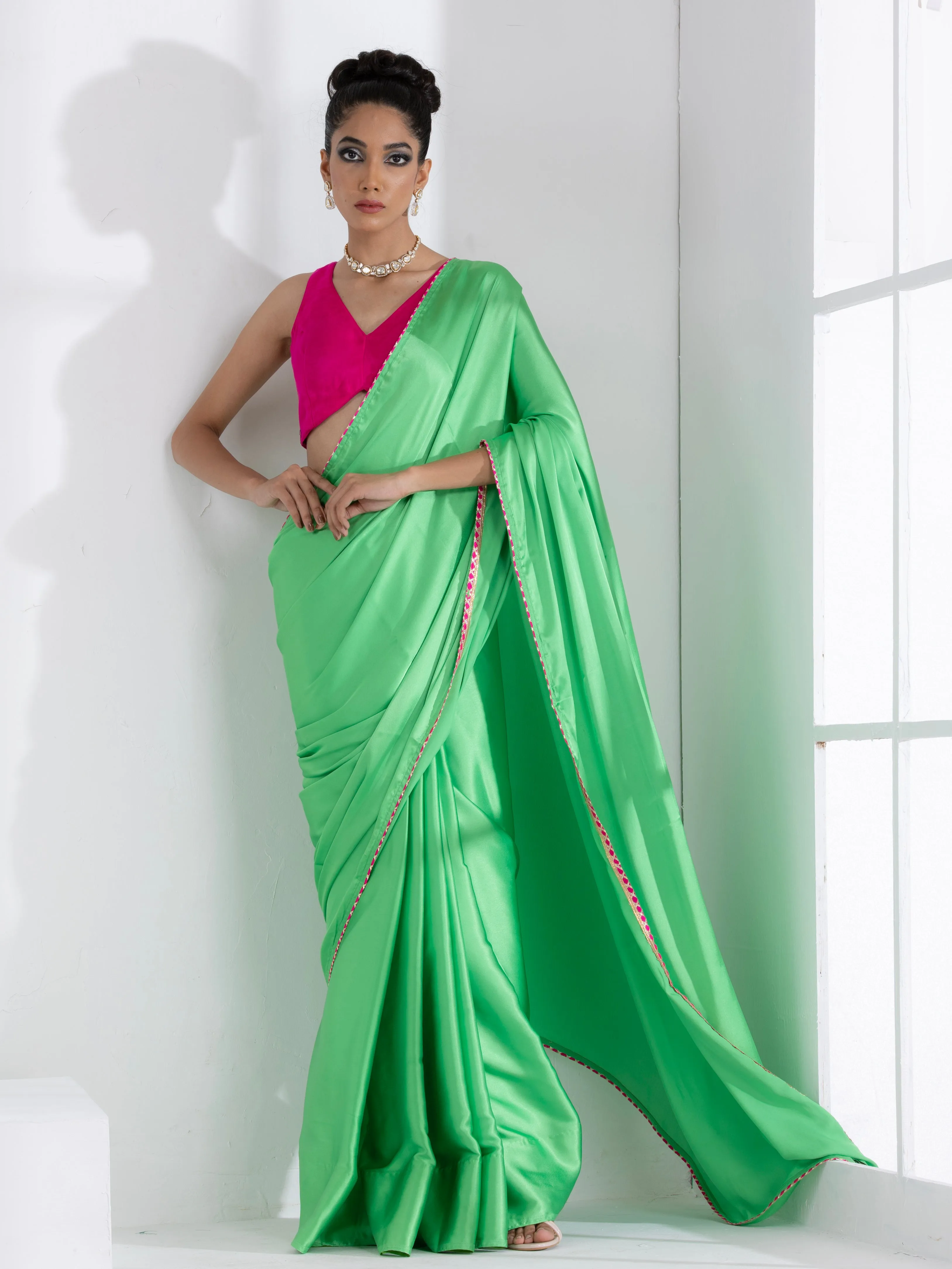 Parrot Green Satin Saree with Gota Edge Lace & Pink Posh Blouse Fabric
