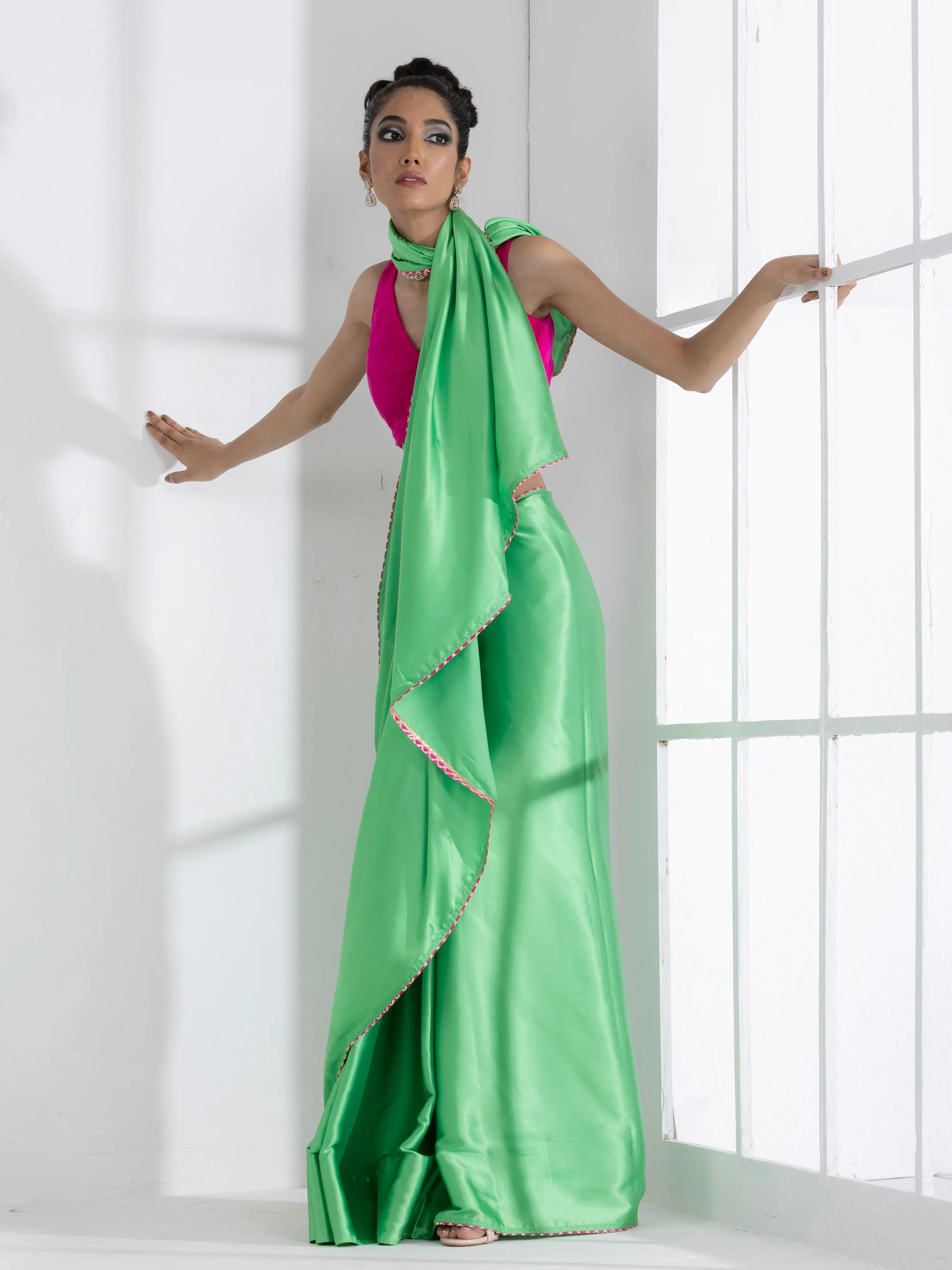 Parrot Green Satin Saree with Gota Edge Lace & Pink Posh Blouse Fabric