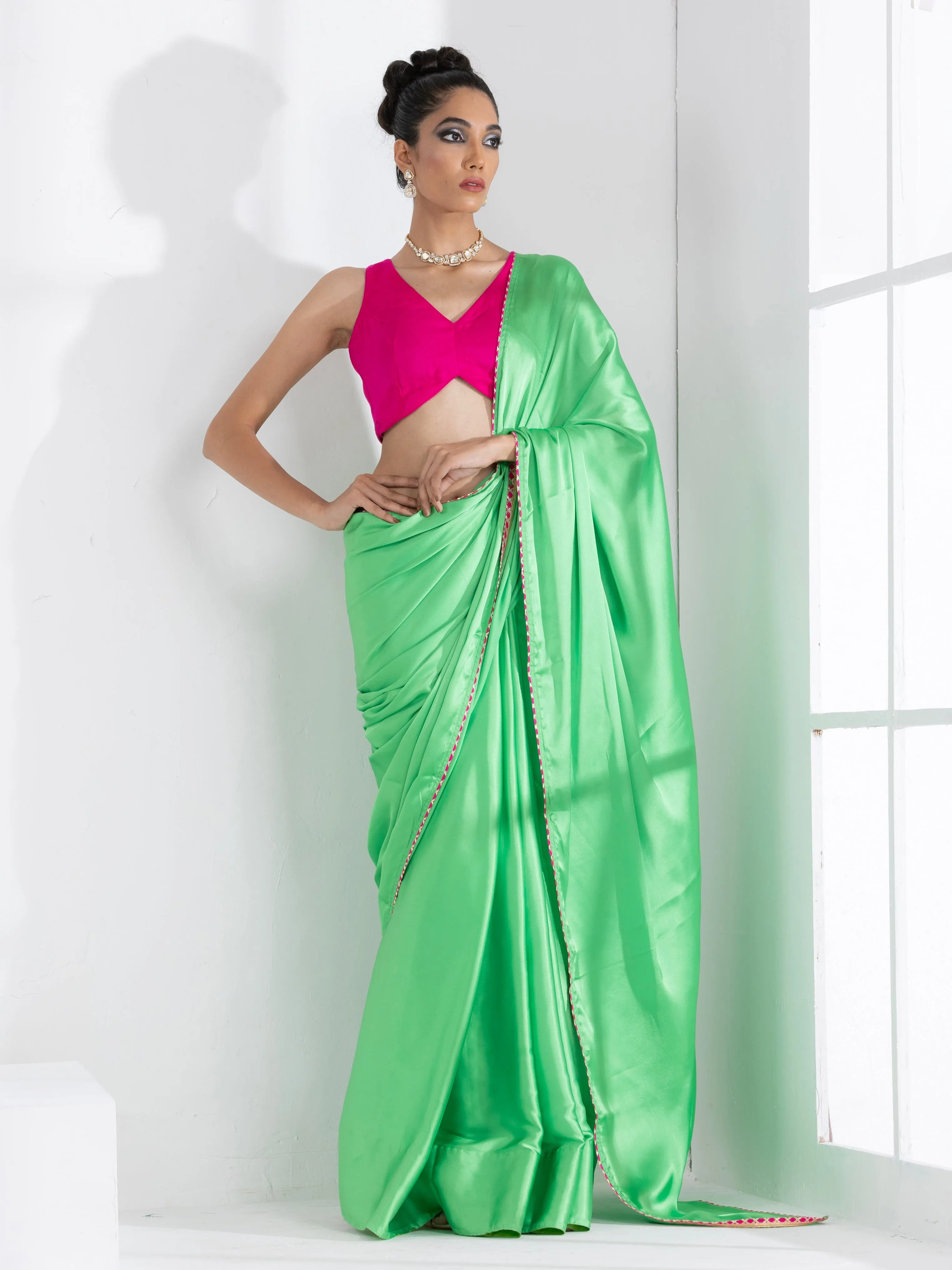 Parrot Green Satin Saree with Gota Edge Lace & Pink Posh Blouse Fabric