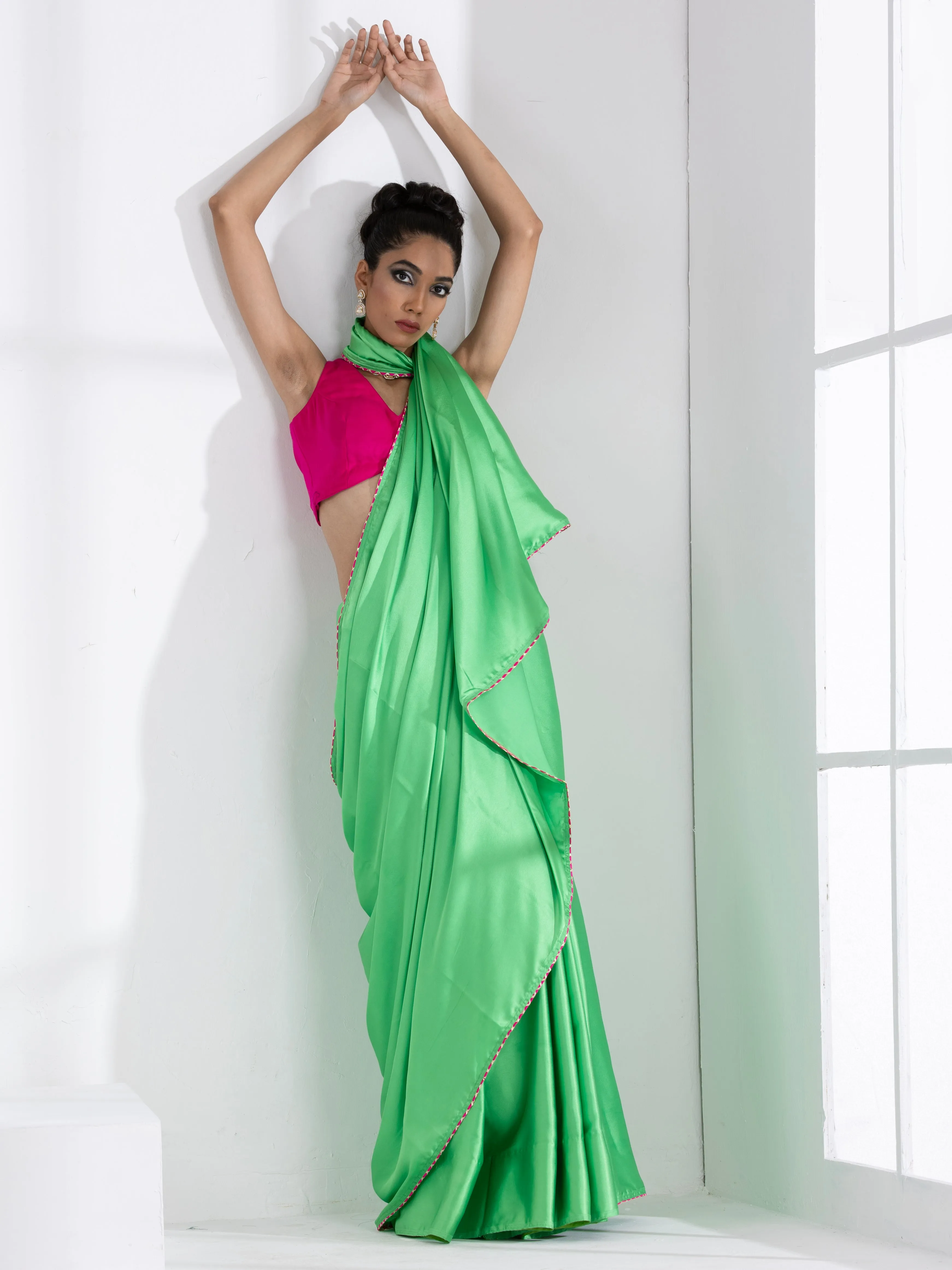 Parrot Green Satin Saree with Gota Edge Lace & Pink Posh Blouse Fabric
