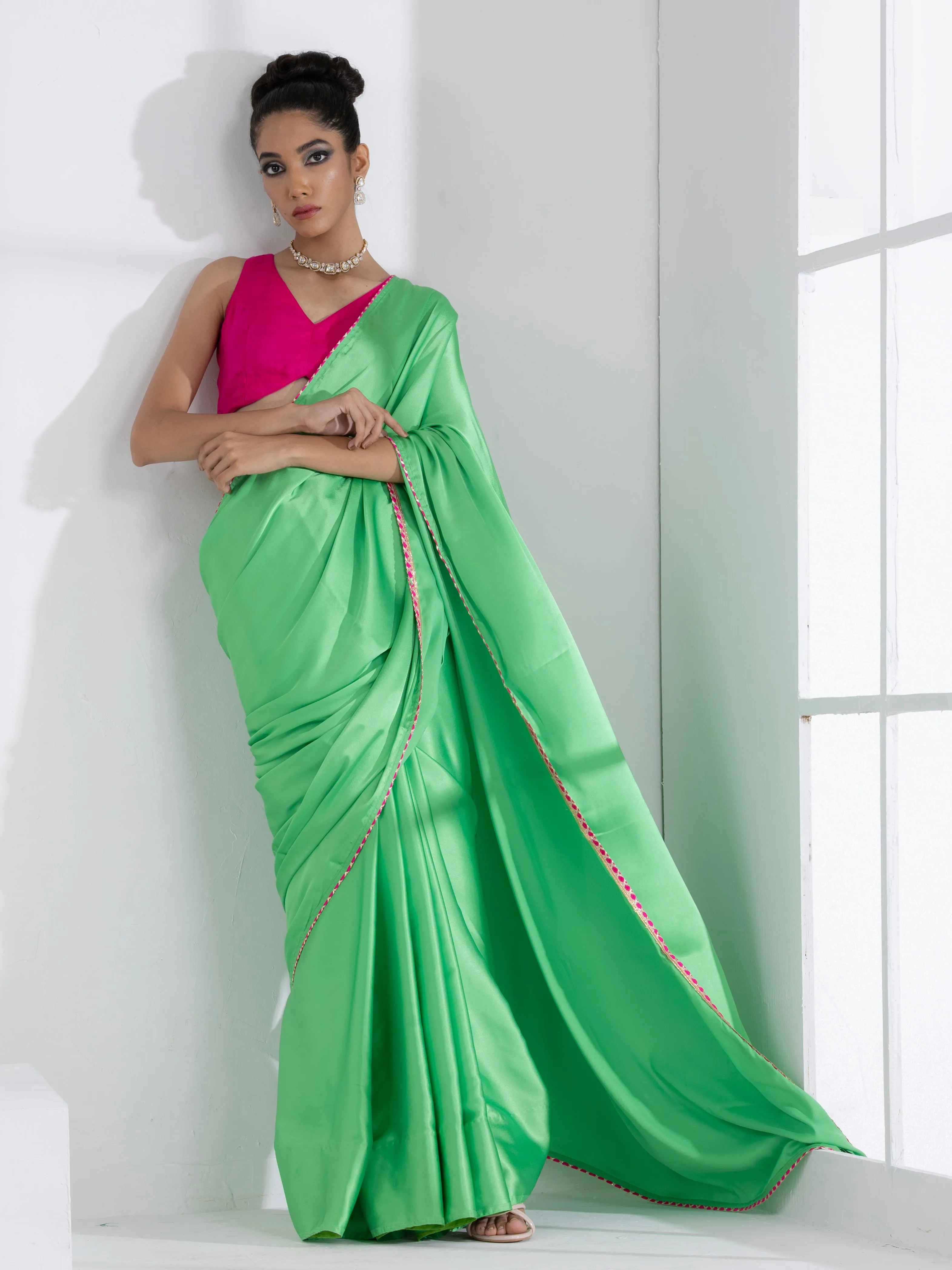 Parrot Green Satin Saree with Gota Edge Lace & Pink Posh Blouse Fabric