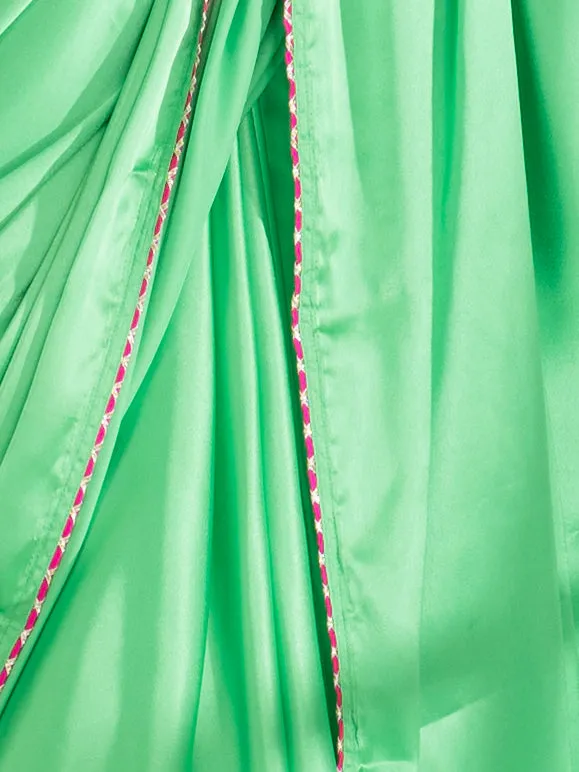 Parrot Green Satin Saree with Gota Edge Lace & Pink Posh Blouse Fabric