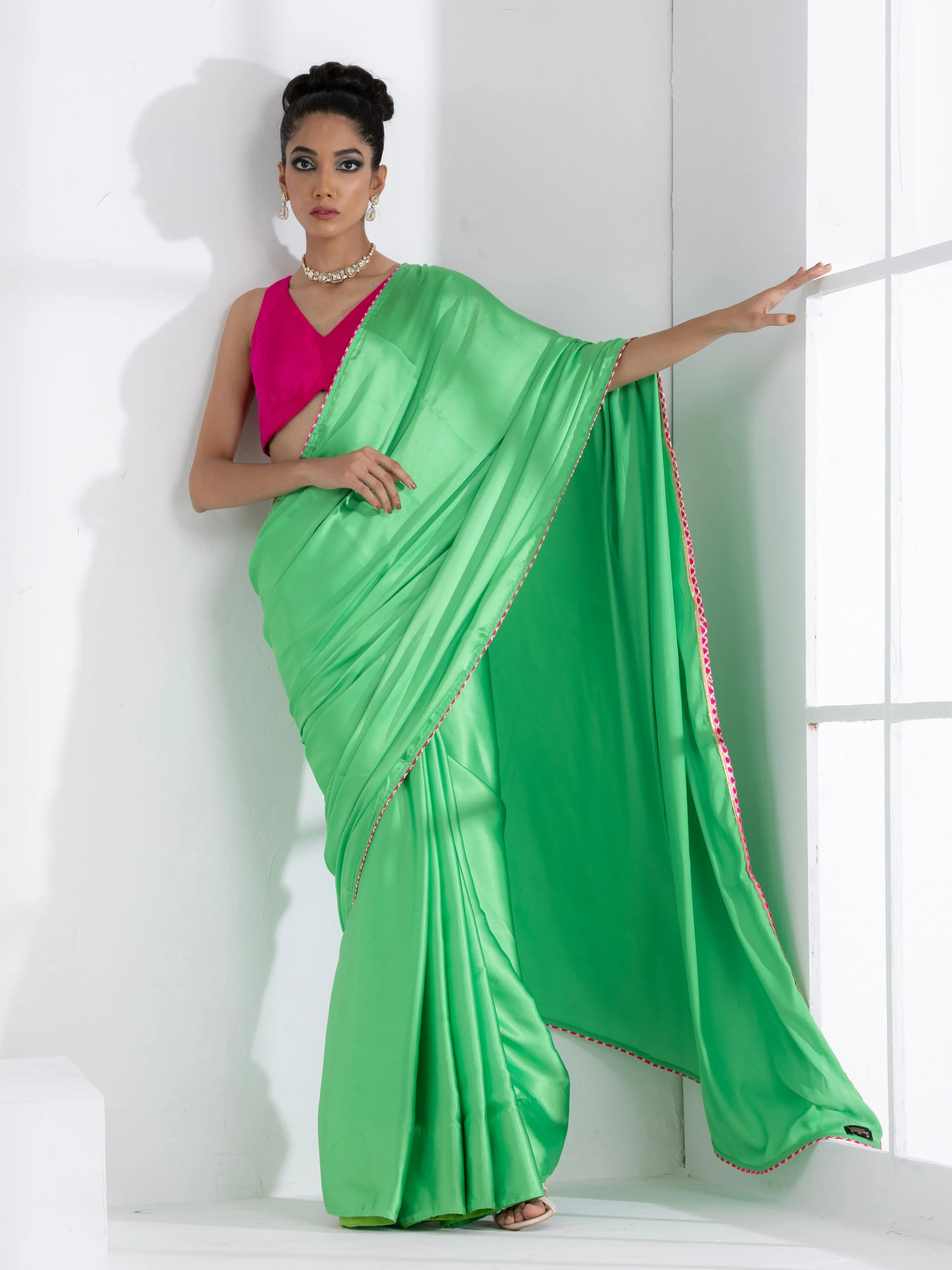 Parrot Green Satin Saree with Gota Edge Lace & Pink Posh Blouse Fabric