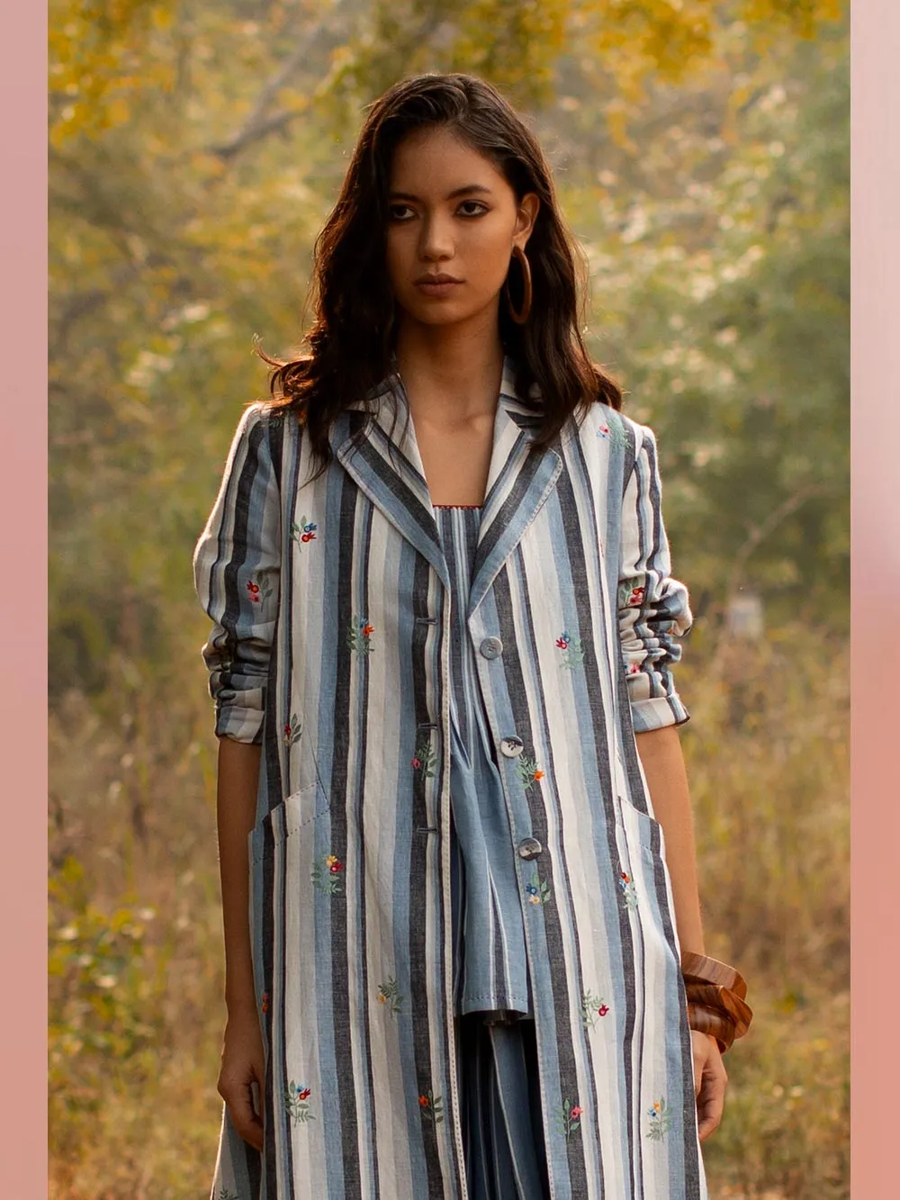 Payal Pratap   -   Jacket Irene  I  Stripe Lapel Jacket With Embroidery All Over.