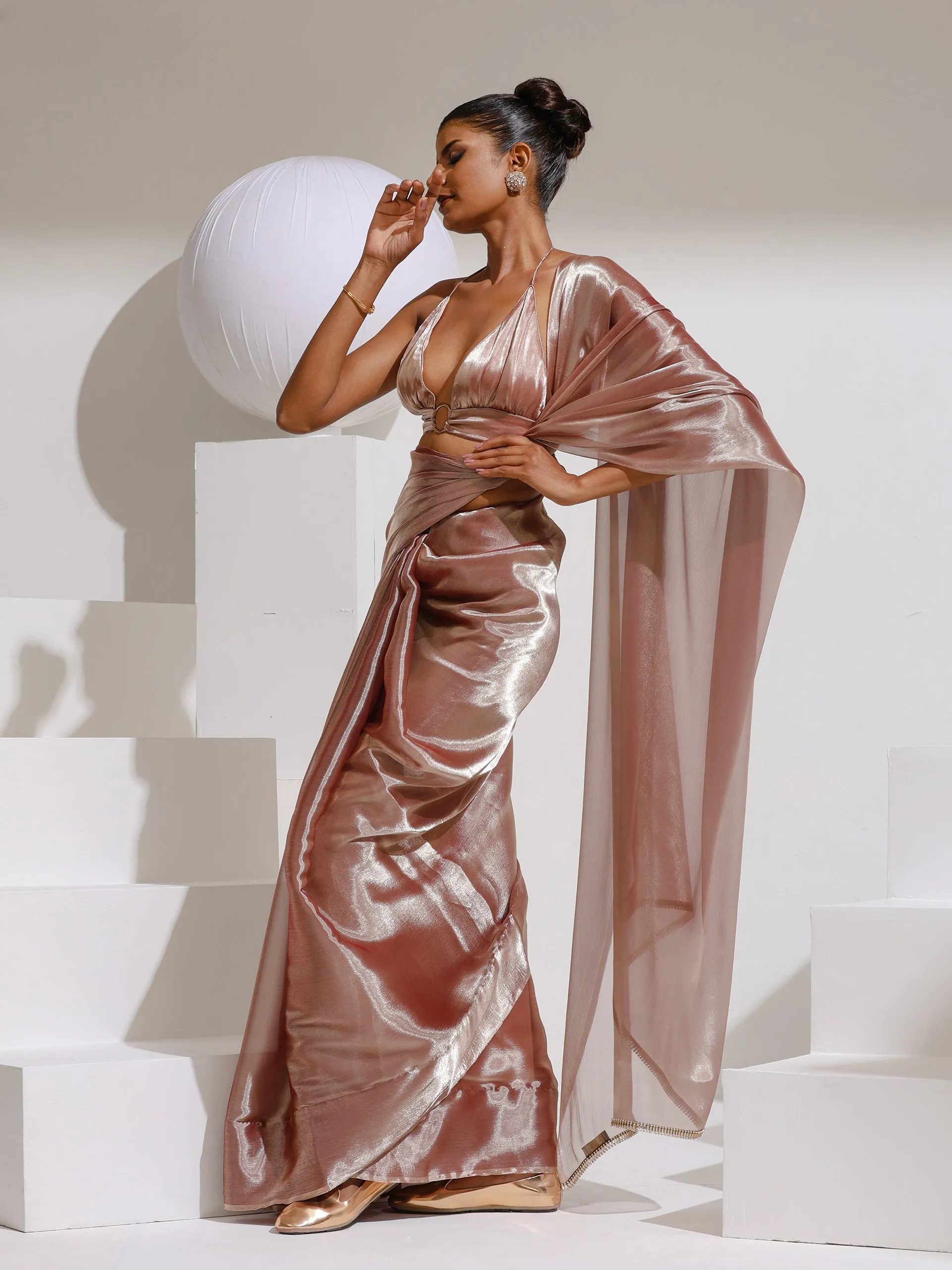 Peach Silver Pearl Silky Organza Saree with Diamond Lace and Self Blouse Fabric