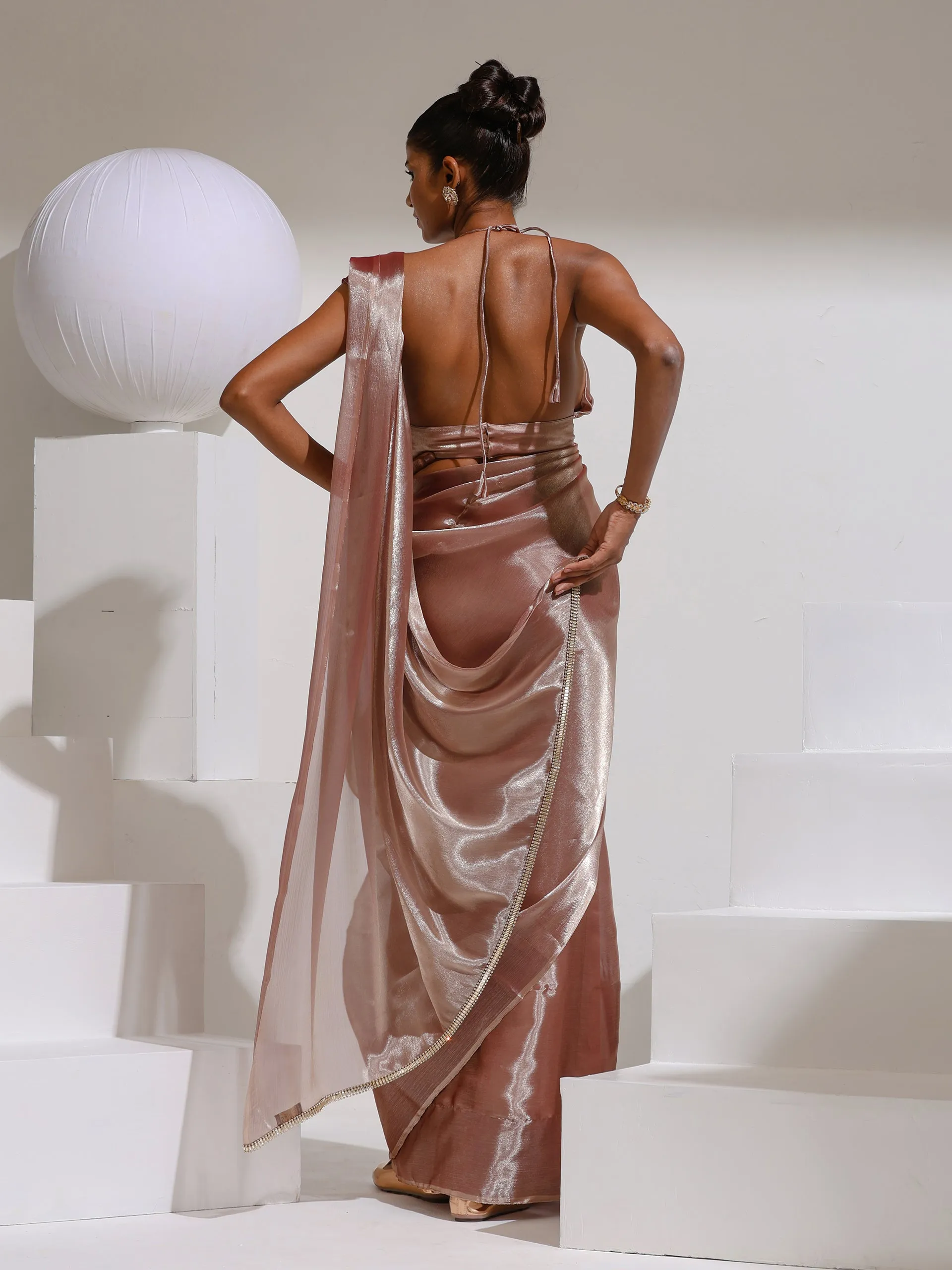 Peach Silver Pearl Silky Organza Saree with Diamond Lace and Self Blouse Fabric