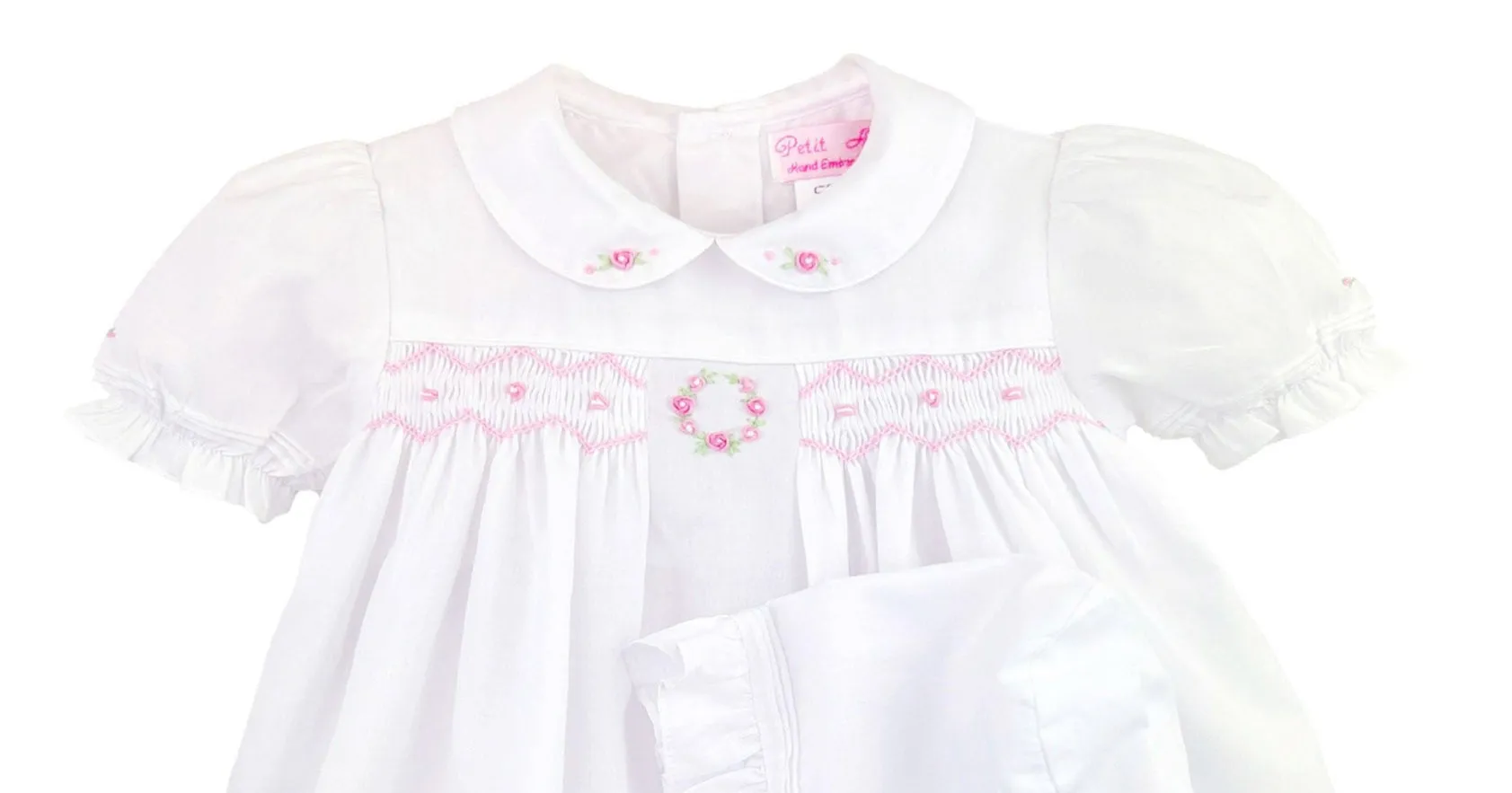 Petit Ami White & Pink Girls Smocked Dress with Bonnet & Bloomers Size Newborn 3 6 9 Months