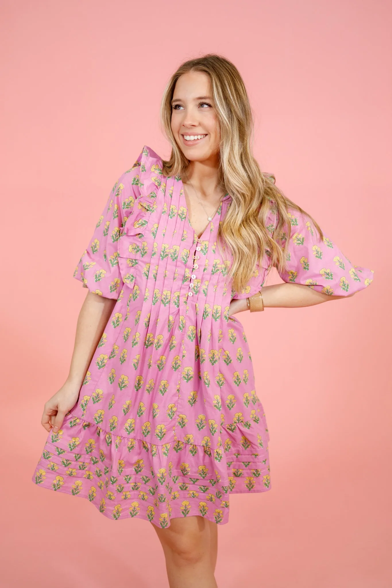 Pink Flower Pleated Dress