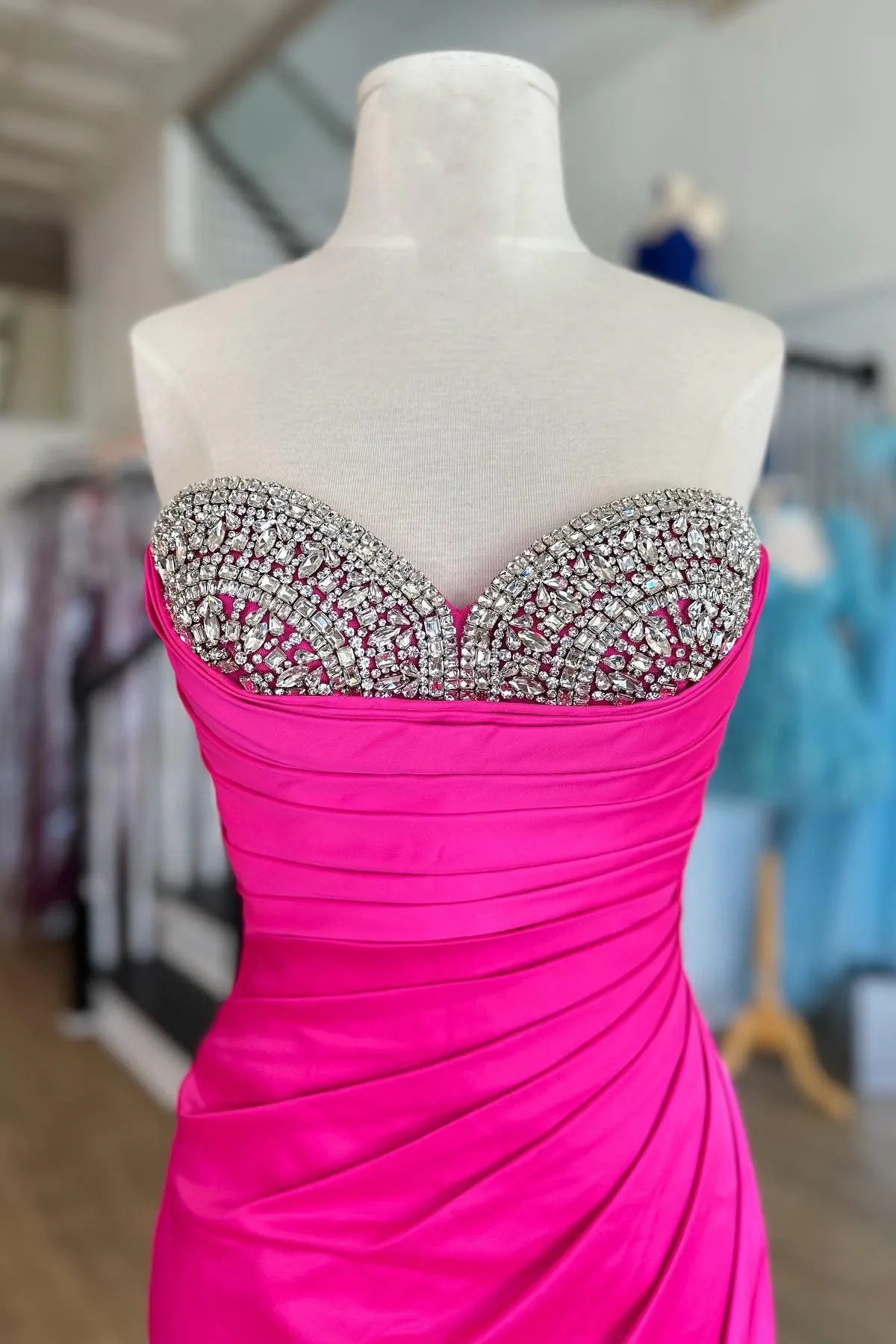 Pleated Fuchsia Sweetheart Beaded Satin Long Prom Dress