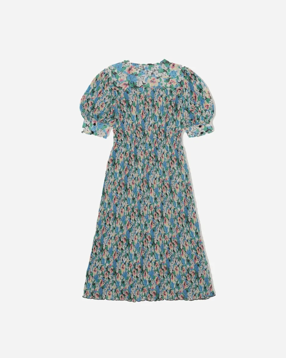 Pleated Georgette V-neck Midi Dress - Floral Azure Blue