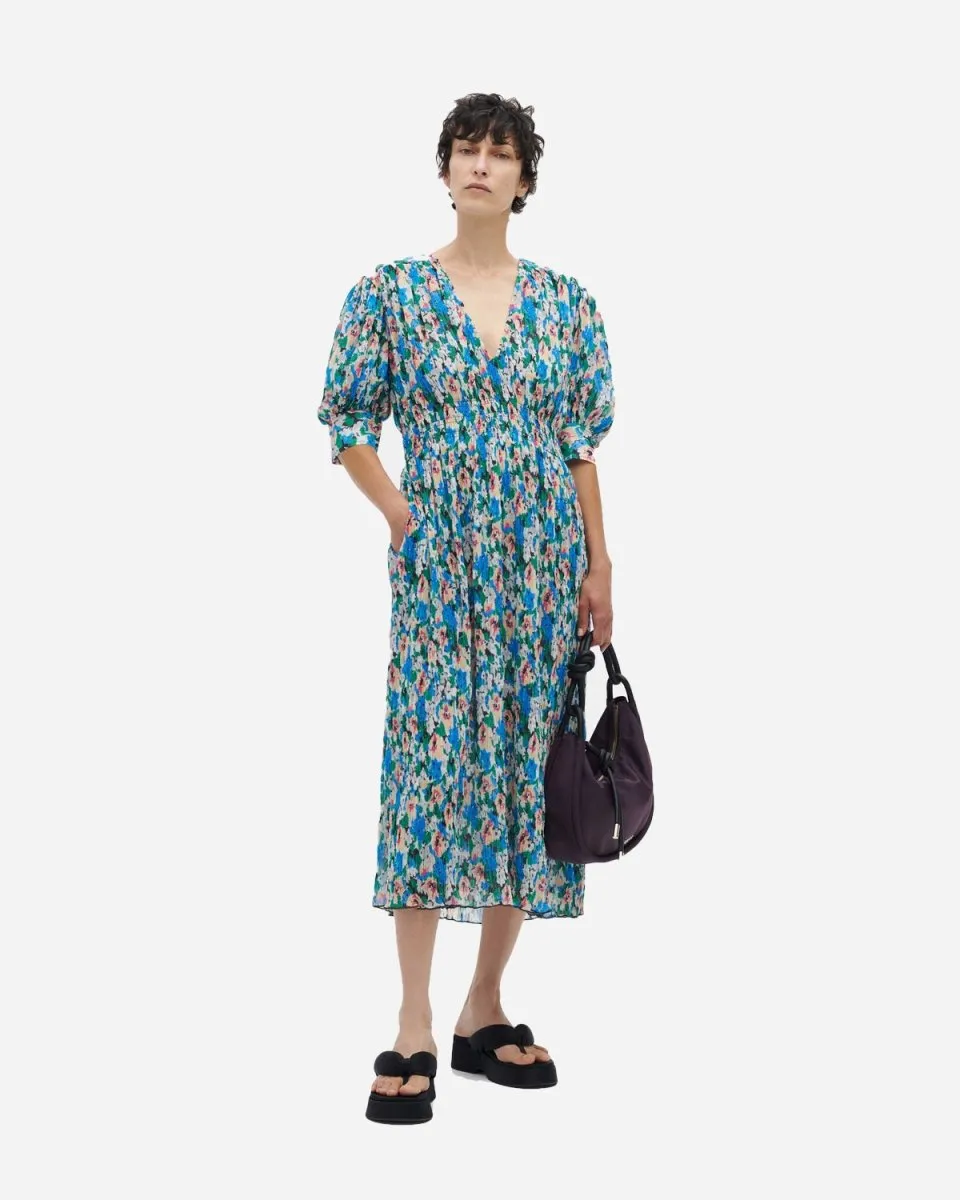 Pleated Georgette V-neck Midi Dress - Floral Azure Blue