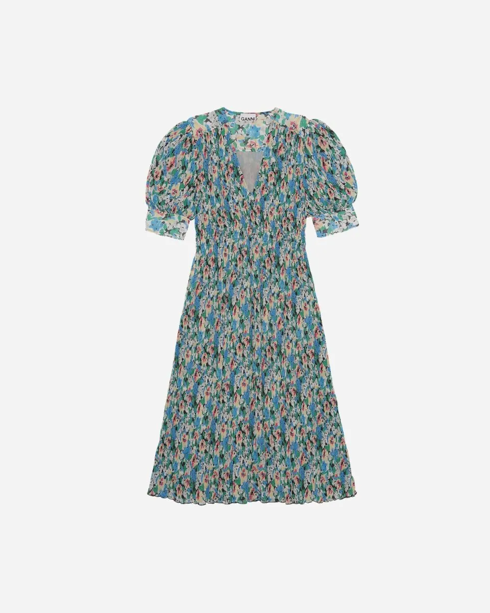 Pleated Georgette V-neck Midi Dress - Floral Azure Blue