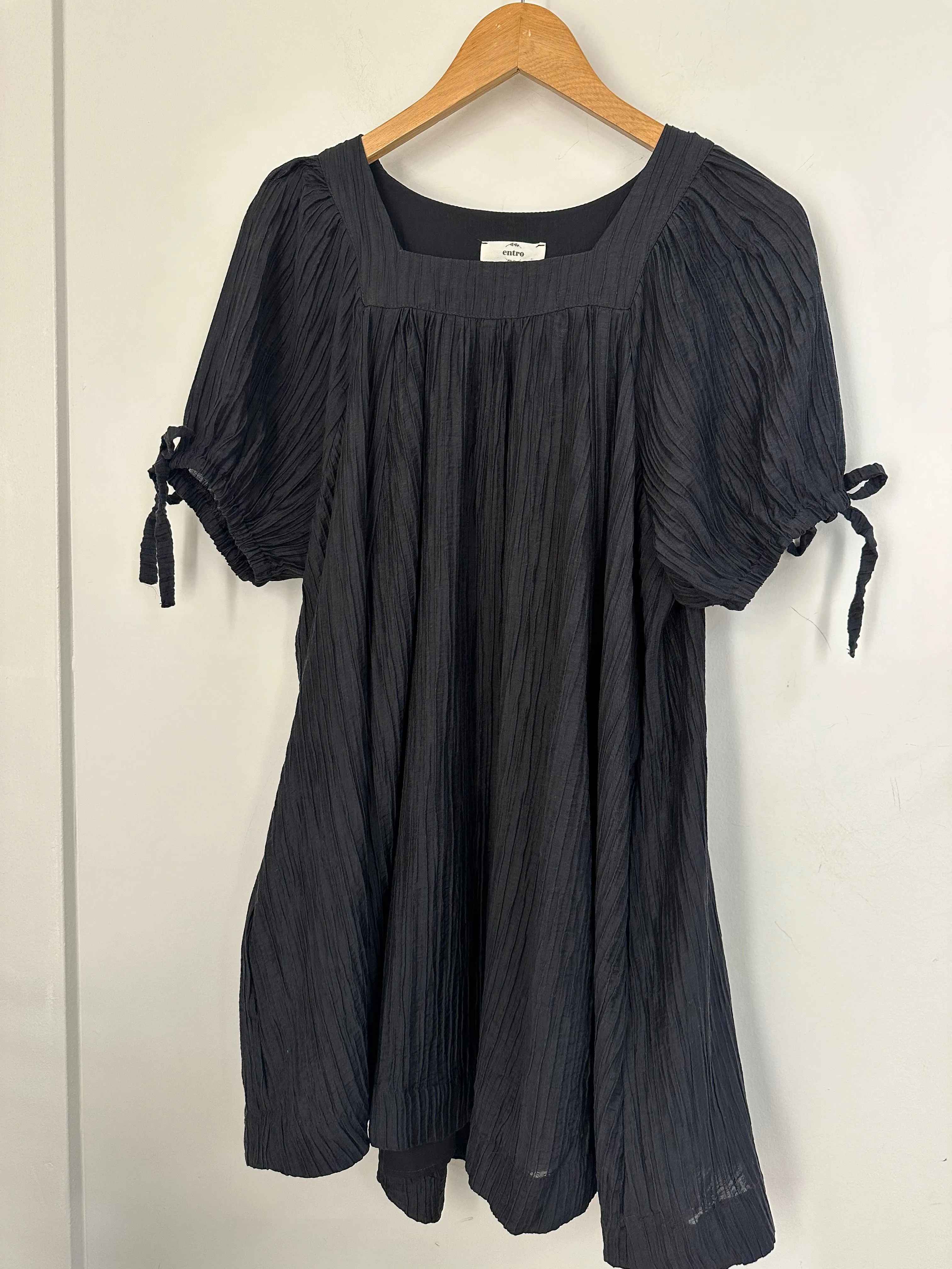 Pleated Square Neck Mini Dress {Black}