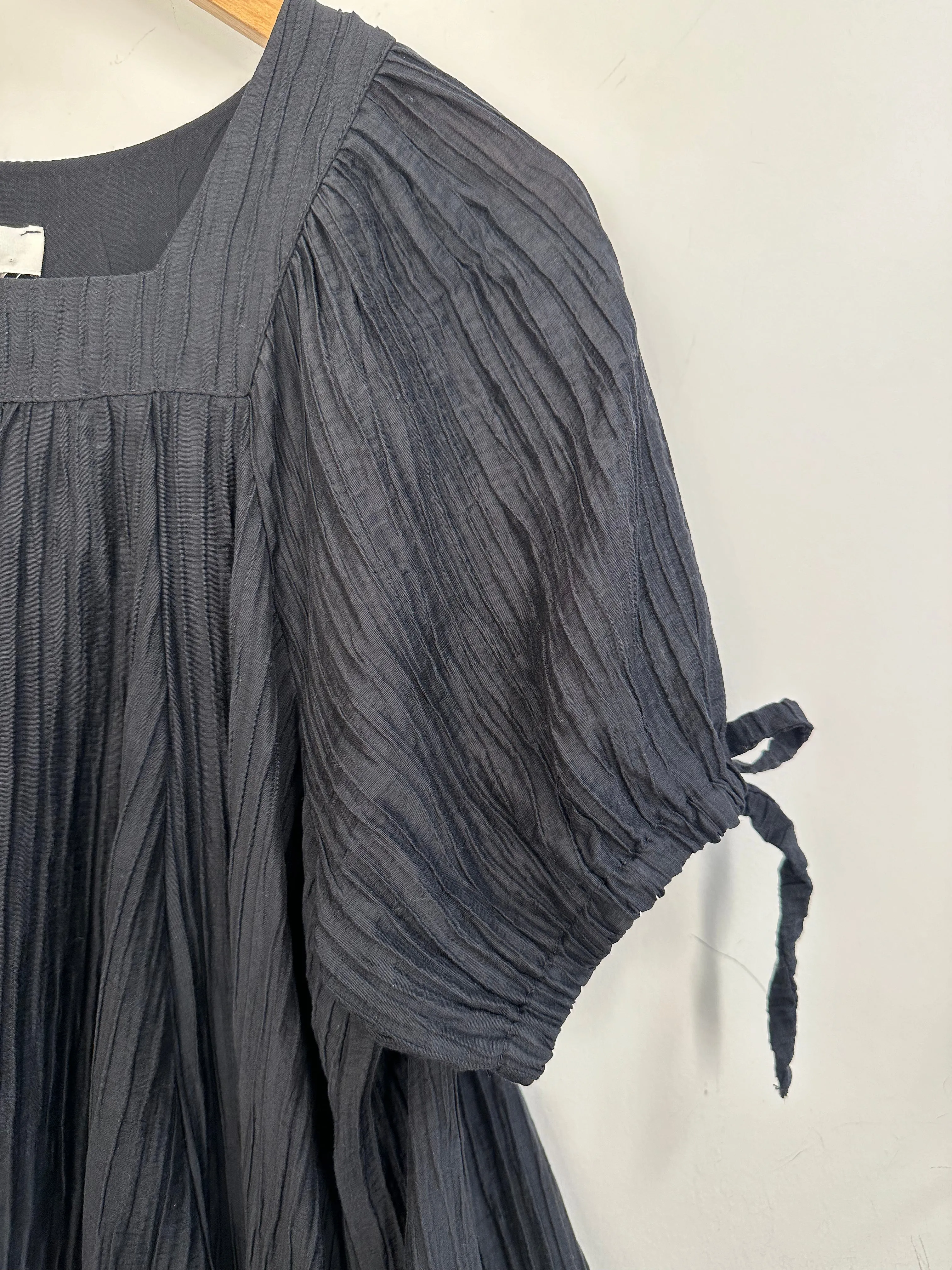 Pleated Square Neck Mini Dress {Black}