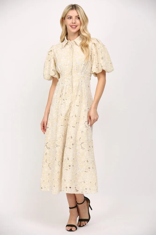 PLEATED WAIST HALF BUTTON LACE DRESS