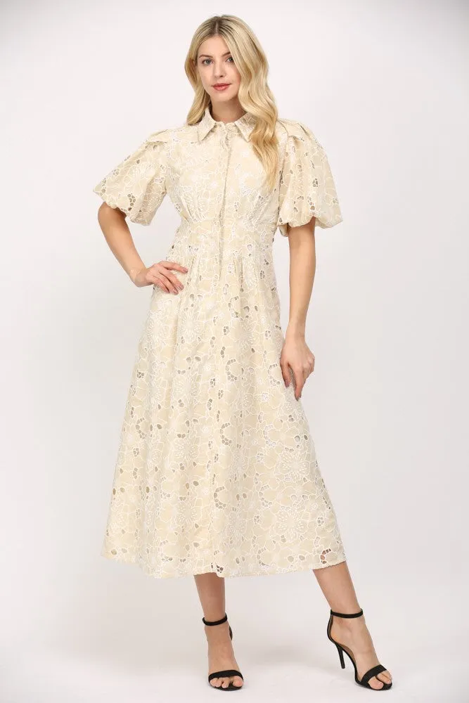 PLEATED WAIST HALF BUTTON LACE DRESS