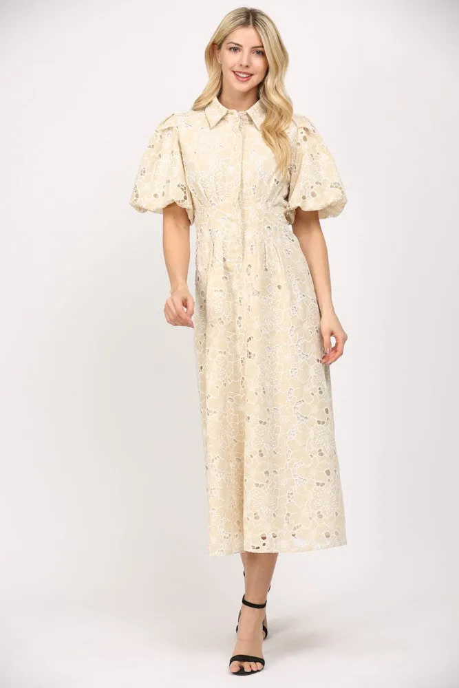 PLEATED WAIST HALF BUTTON LACE DRESS