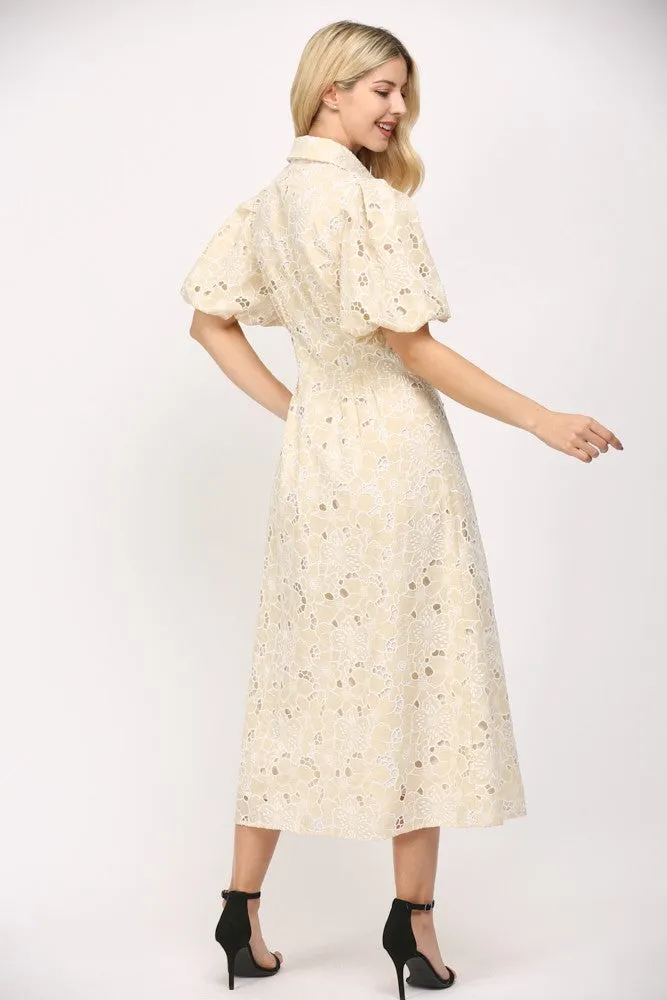 PLEATED WAIST HALF BUTTON LACE DRESS