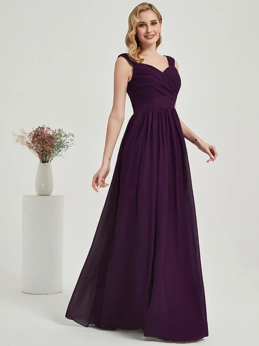 Plum Pleated Sweetheart Backless V-Neck Chiffon Maxi Bridesmaid Dress