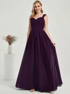 Plum Pleated Sweetheart Backless V-Neck Chiffon Maxi Bridesmaid Dress