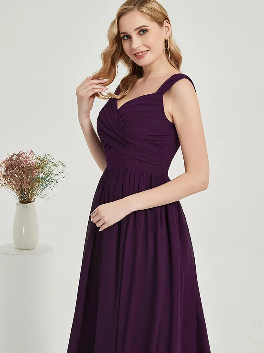 Plum Pleated Sweetheart Backless V-Neck Chiffon Maxi Bridesmaid Dress