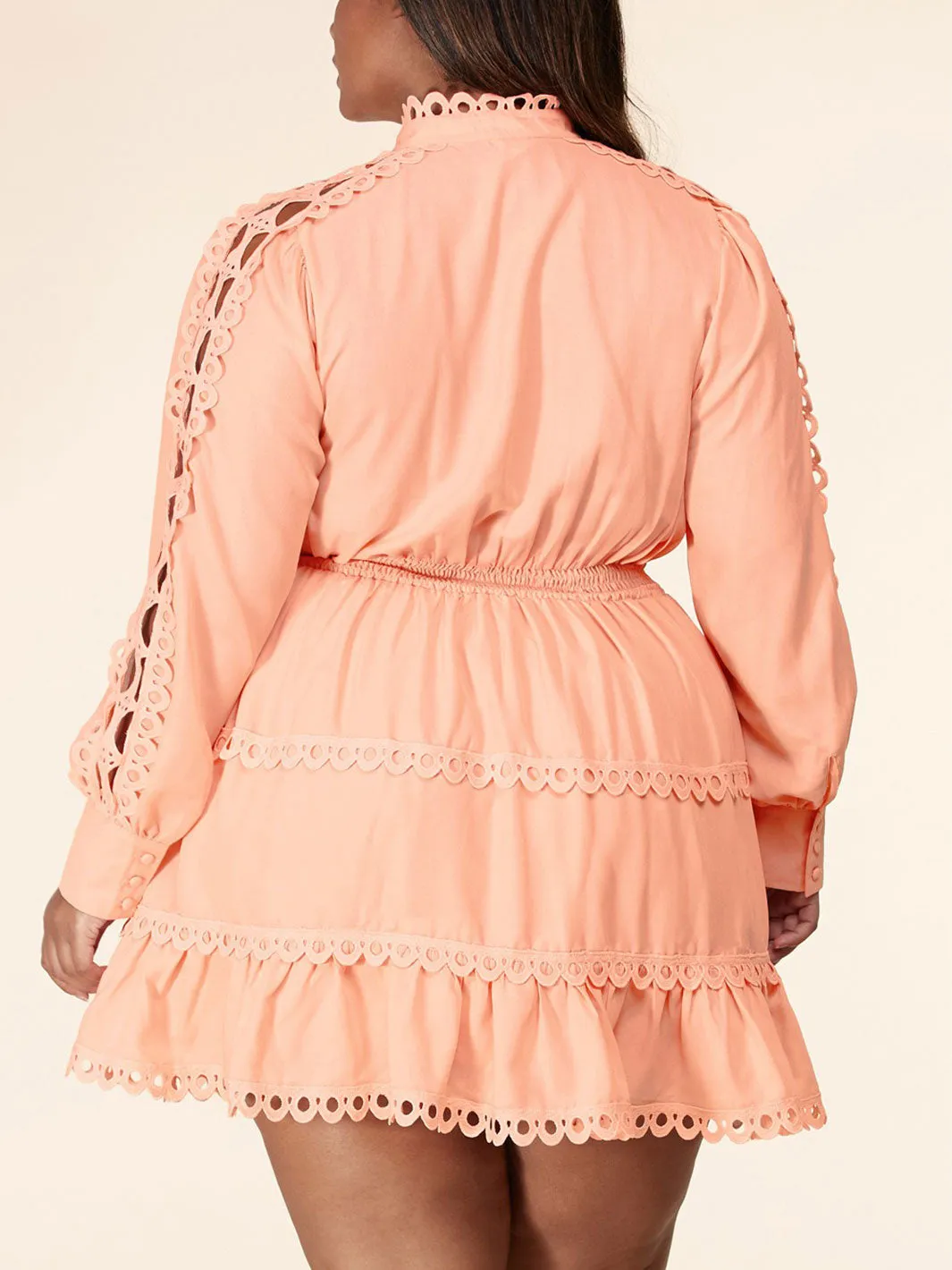 PLUS SIZE LONG SLEEVE SMOCK WAIST EYELET DETAIL MINI DRESS