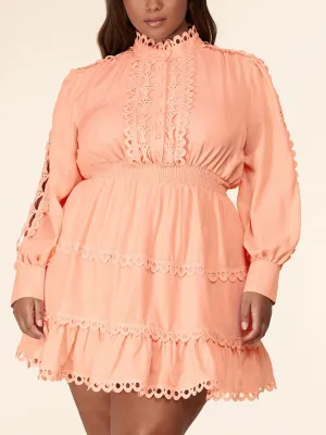 PLUS SIZE LONG SLEEVE SMOCK WAIST EYELET DETAIL MINI DRESS