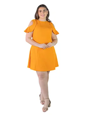 Plus Size Ruffle Cold Shoulder A Line Knee Length Dress