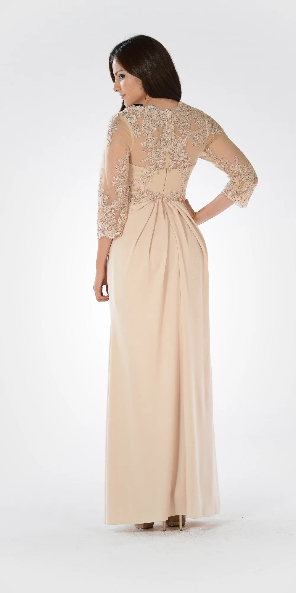 Poly USA 7812 Pleated Bodice Appliqued Waist and Sleeves Dress Long