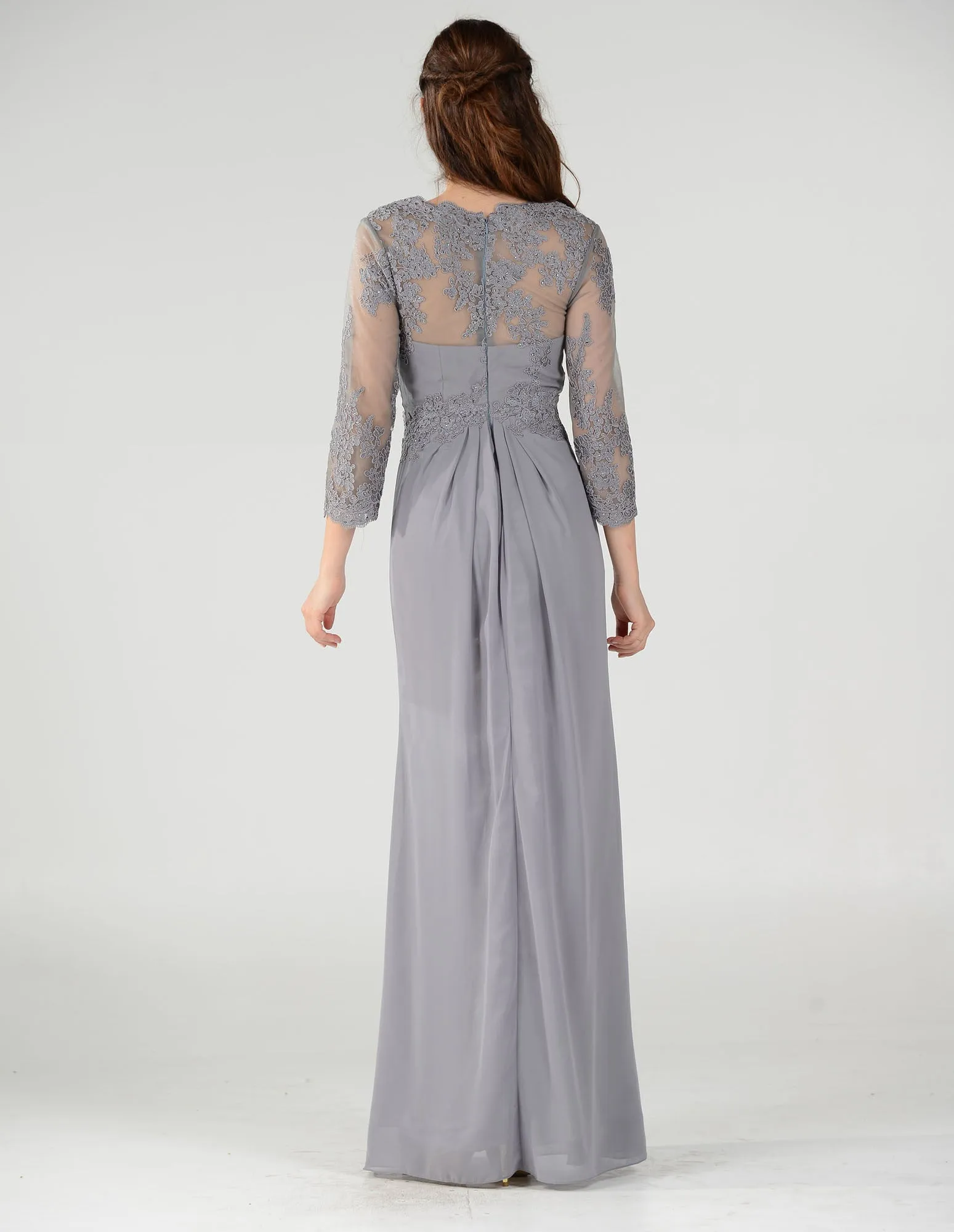 Poly USA 7812 Pleated Bodice Appliqued Waist and Sleeves Dress Long