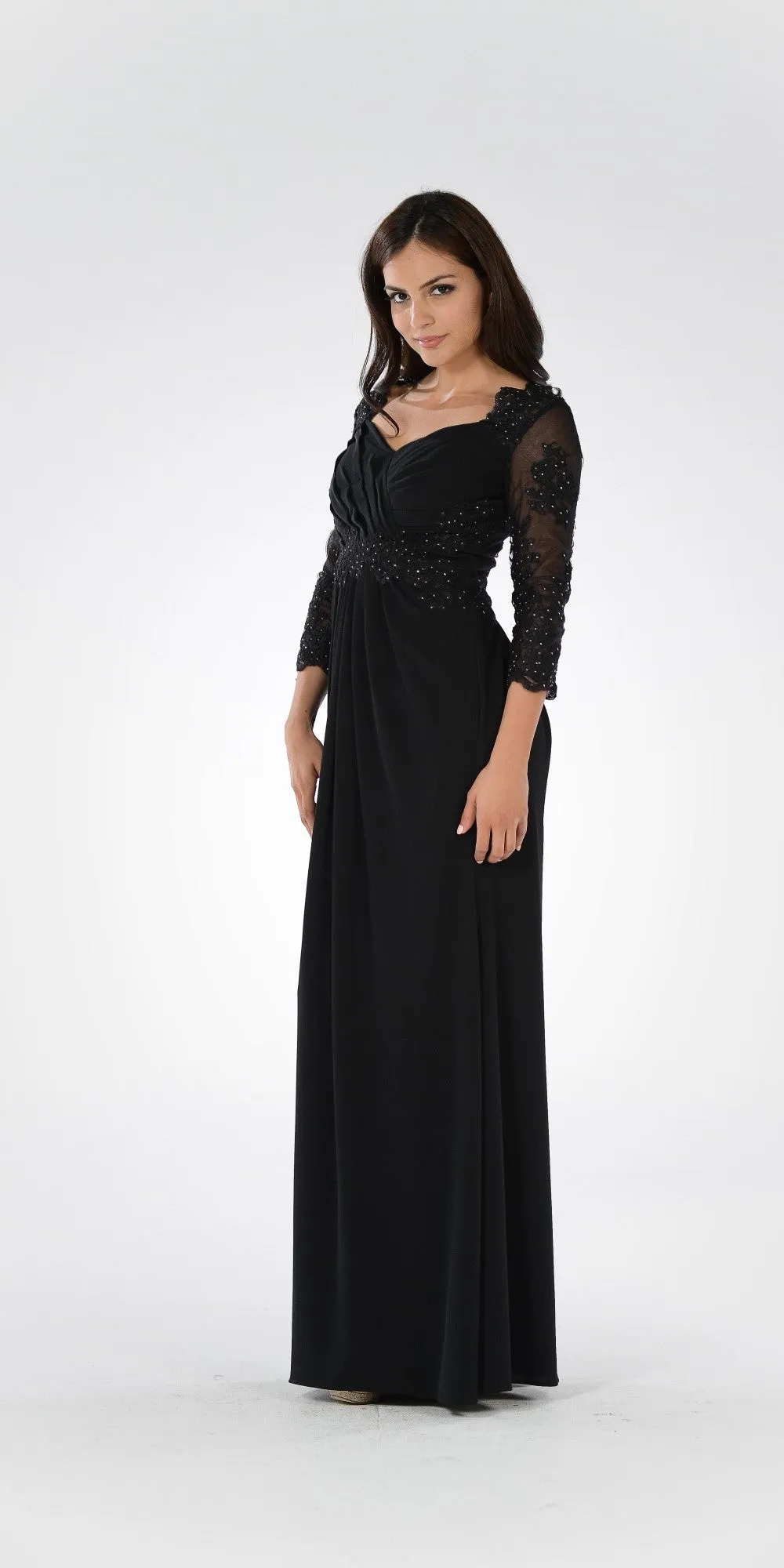 Poly USA 7812 Pleated Bodice Appliqued Waist and Sleeves Dress Long