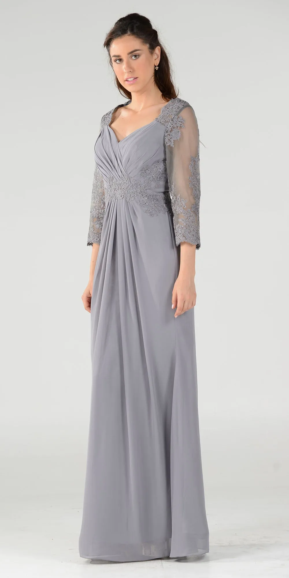 Poly USA 7812 Pleated Bodice Appliqued Waist and Sleeves Dress Long