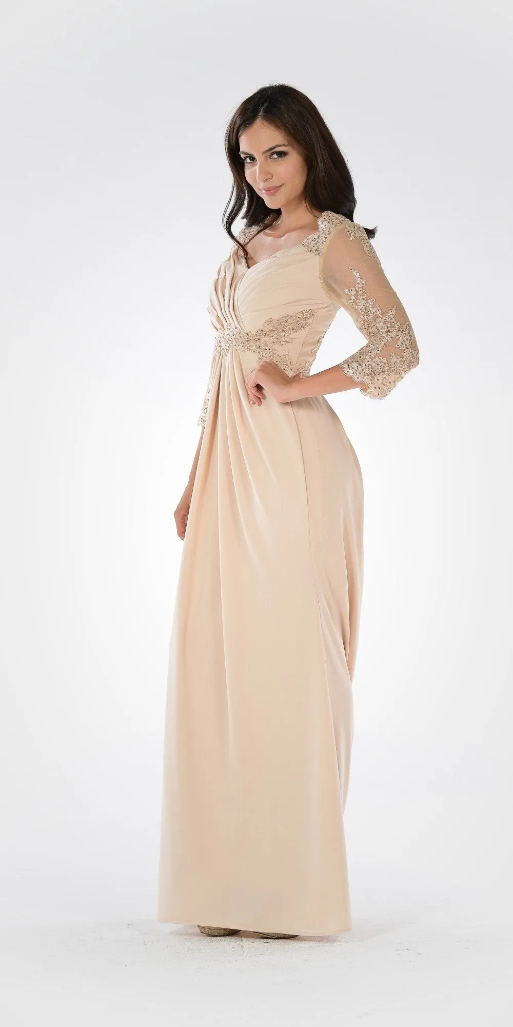 Poly USA 7812 Pleated Bodice Appliqued Waist and Sleeves Dress Long