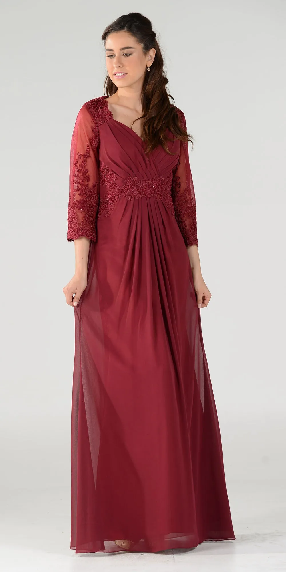 Poly USA 7812 Pleated Bodice Appliqued Waist and Sleeves Dress Long
