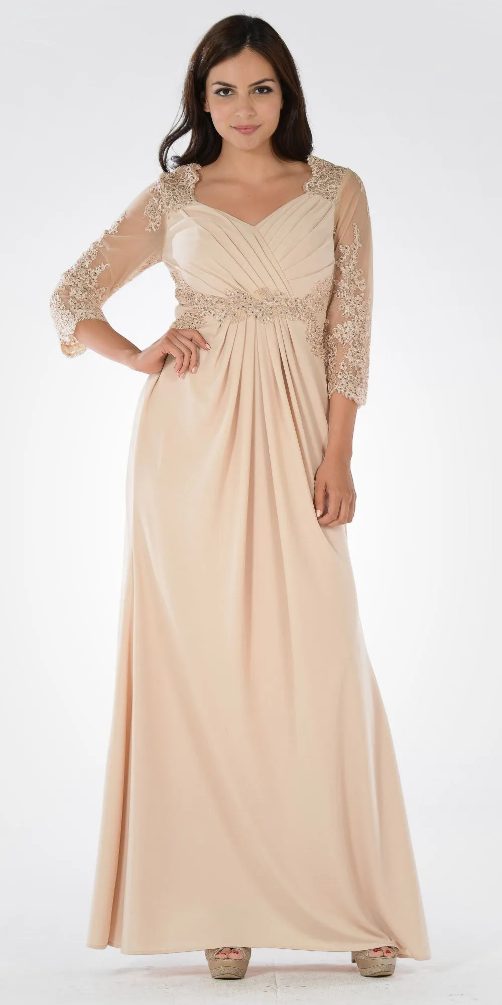Poly USA 7812 Pleated Bodice Appliqued Waist and Sleeves Dress Long