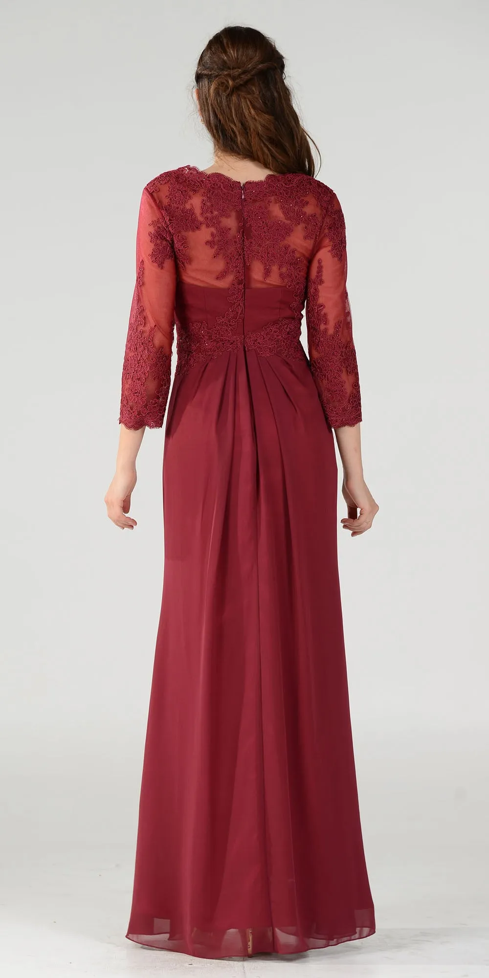 Poly USA 7812 Pleated Bodice Appliqued Waist and Sleeves Dress Long