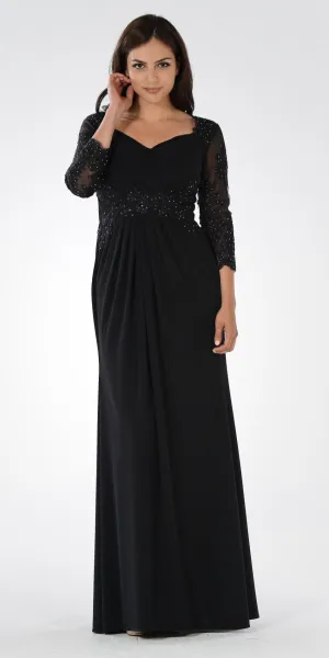Poly USA 7812 Pleated Bodice Appliqued Waist and Sleeves Dress Long