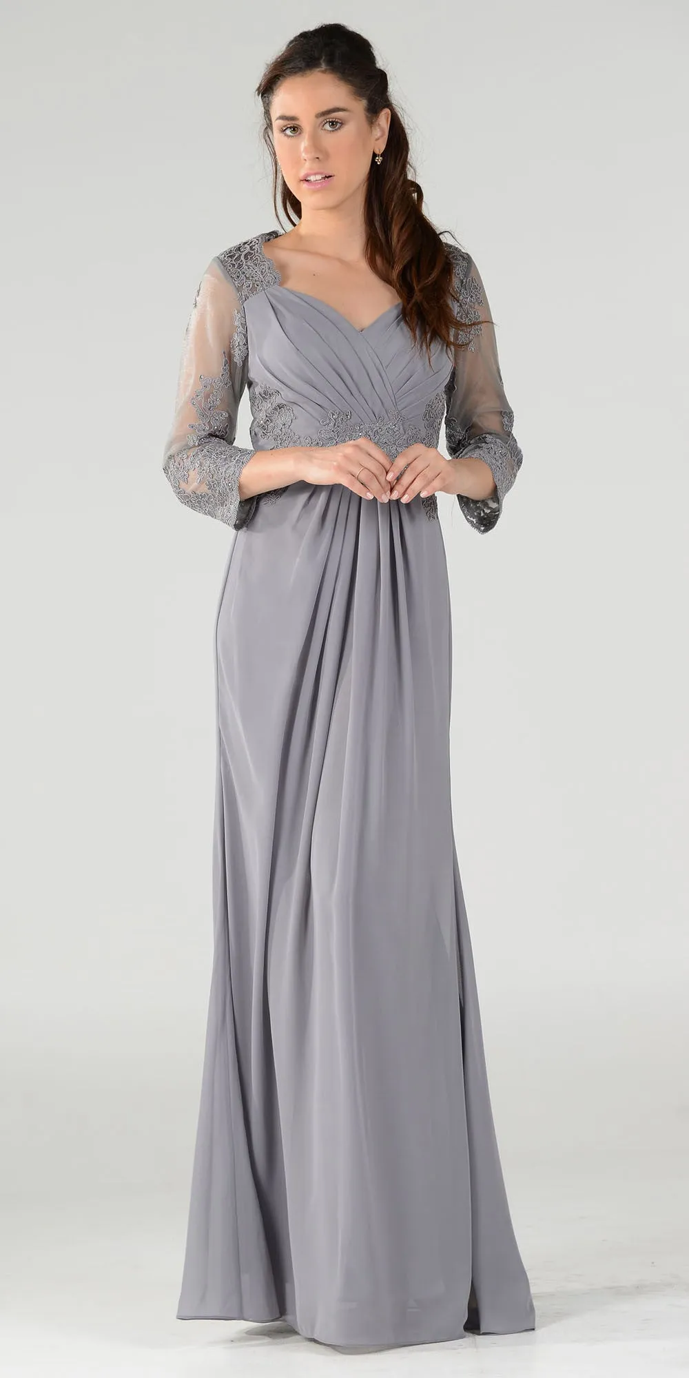 Poly USA 7812 Pleated Bodice Appliqued Waist and Sleeves Dress Long