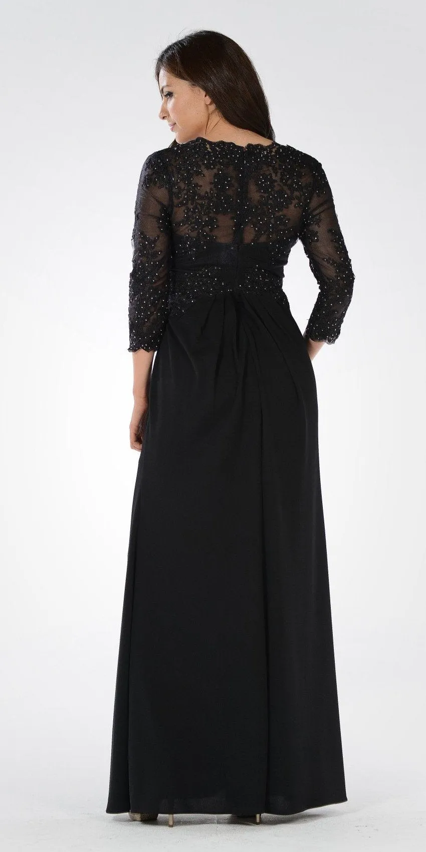 Poly USA 7812 Pleated Bodice Appliqued Waist and Sleeves Dress Long