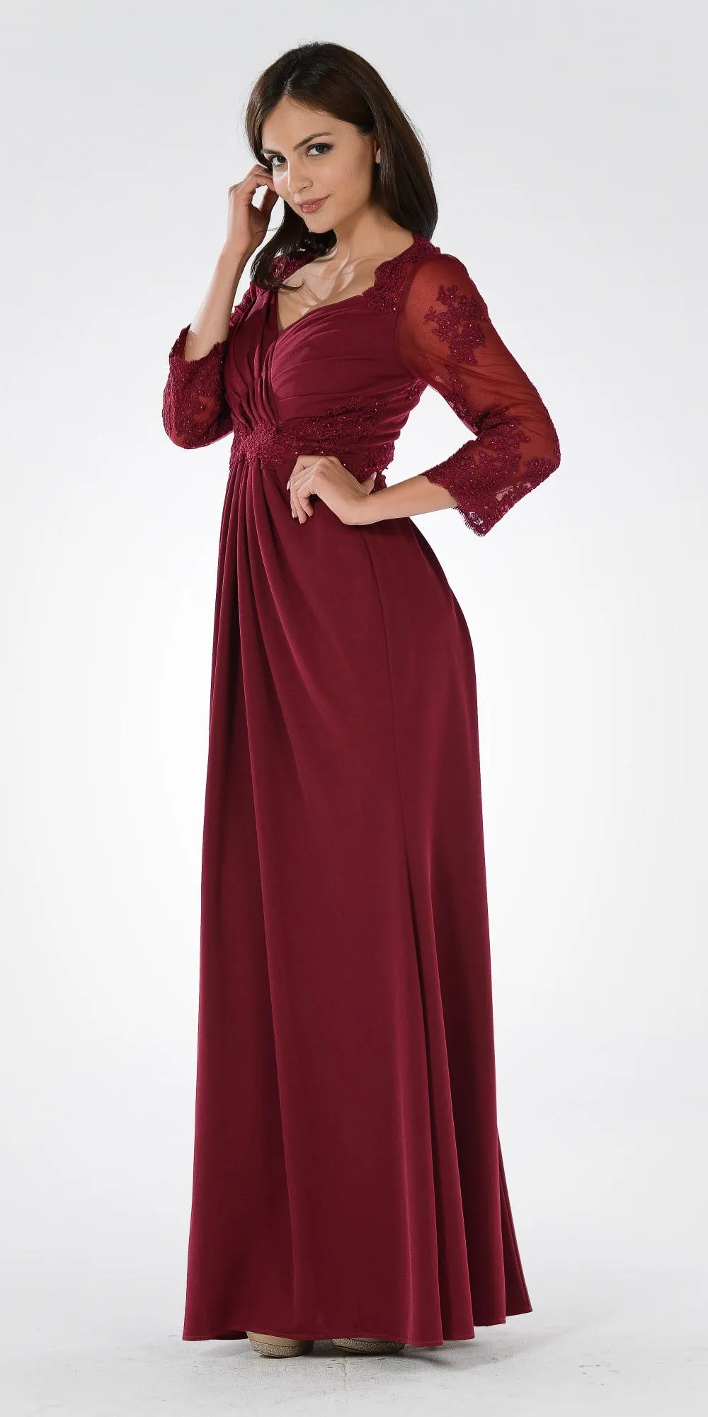 Poly USA 7812 Pleated Bodice Appliqued Waist and Sleeves Dress Long