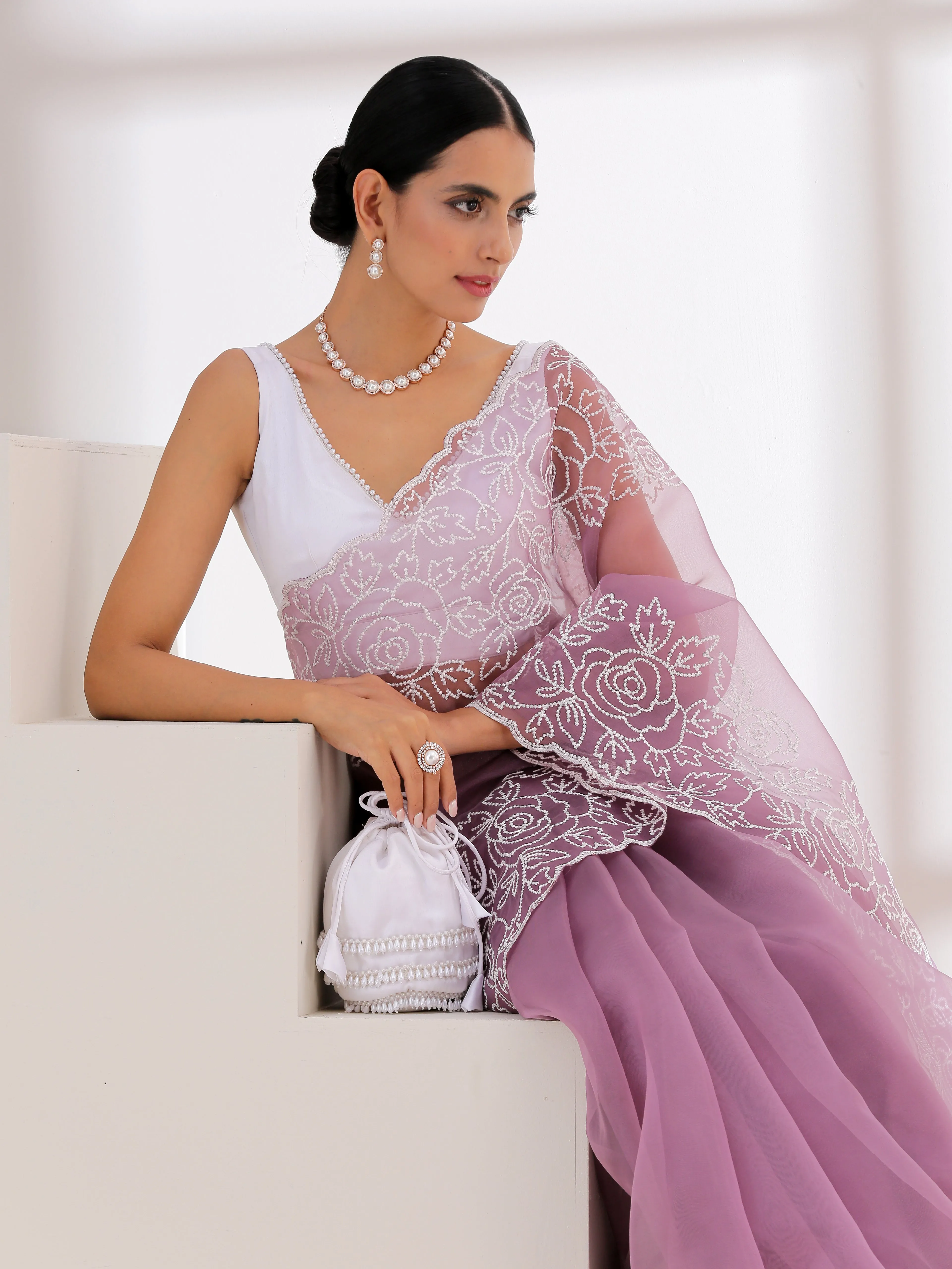 Potli - White Satin with White Beaded Lace Potli