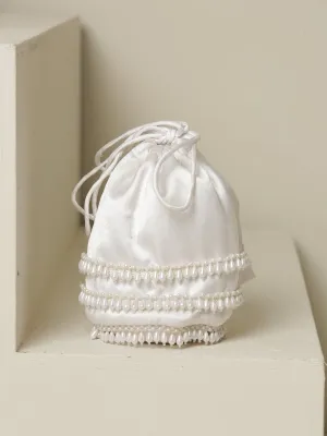 Potli - White Satin with White Beaded Lace Potli