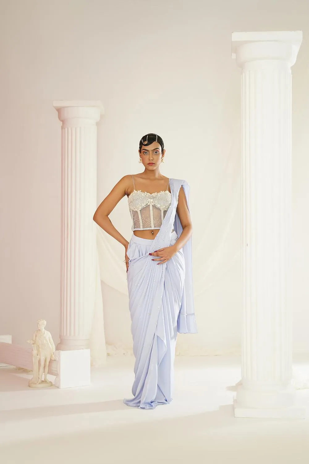 Powder Blue Embroidered Corset Blouse With  Ready To Wear Drape Saree Set